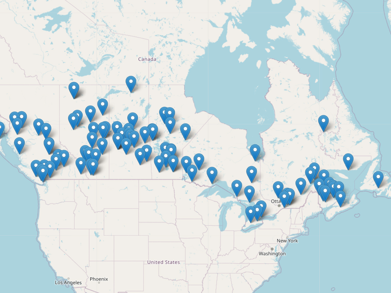 Google map with pins indicating location of all First Nations Child & Family Service Agencies across Canada