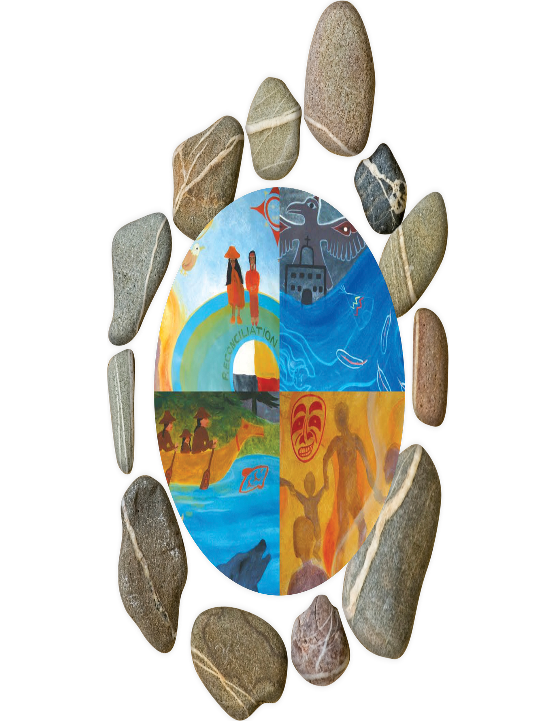 Small stones surrounding a circle broken into four quadrants. In each of the four quadrants is part of a painting from a mural depicting parts of Indigenous history and how it was affected by colonization.