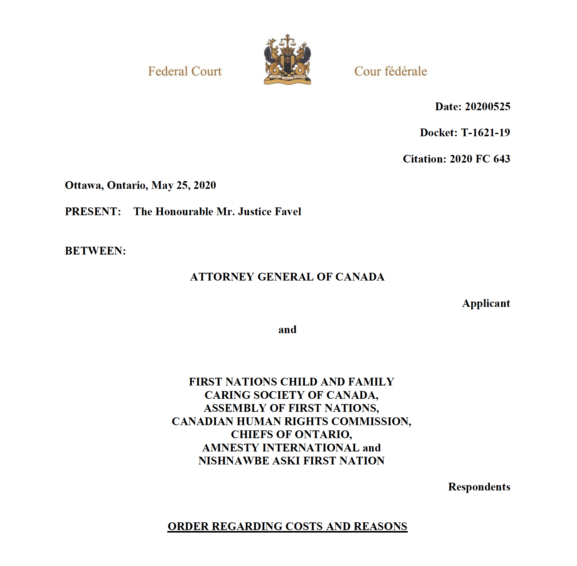 Federal Court Order May 25, 2020 | The Caring Society