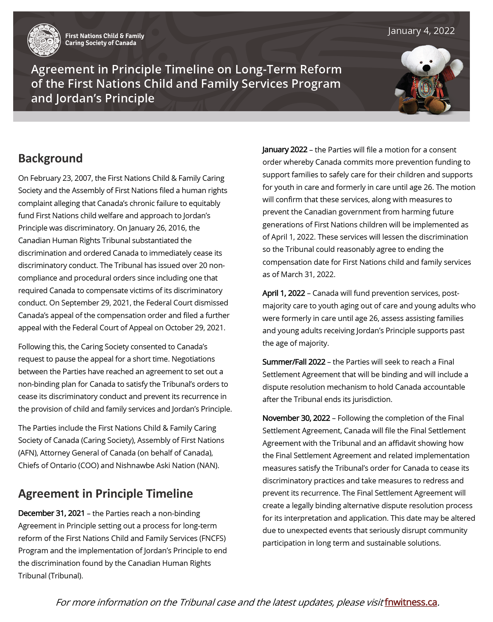 Agreement in Principle Timeline on Long-Term Reform of the First Nations Child and Family Services Program and Jordan’s Principle