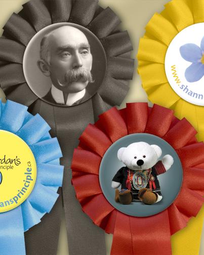 photo of a collection of colourful prize ribbons. Each ribbon has a circular image in the middle of the ruffle that represents the paricular award – the Jordan’s Principle logo, a photo of Peter Henderson Bryce, a photo of Spirit Bear, a photo of a forget-me-not (for Shannen’s Dream).