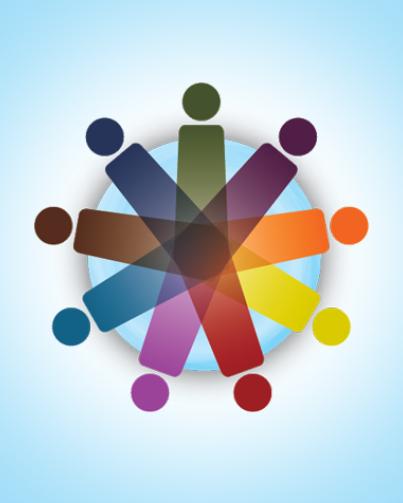 geometric illustration of stylized people, each a different colour, arranged radially around a circle intended to represent the world